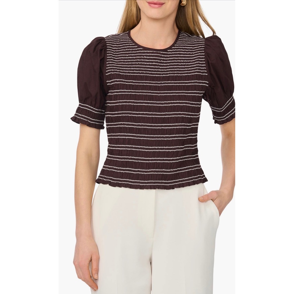 Parker Dark Chocolate Smocked Puff Sleeve Striped Top  Brown Size 2